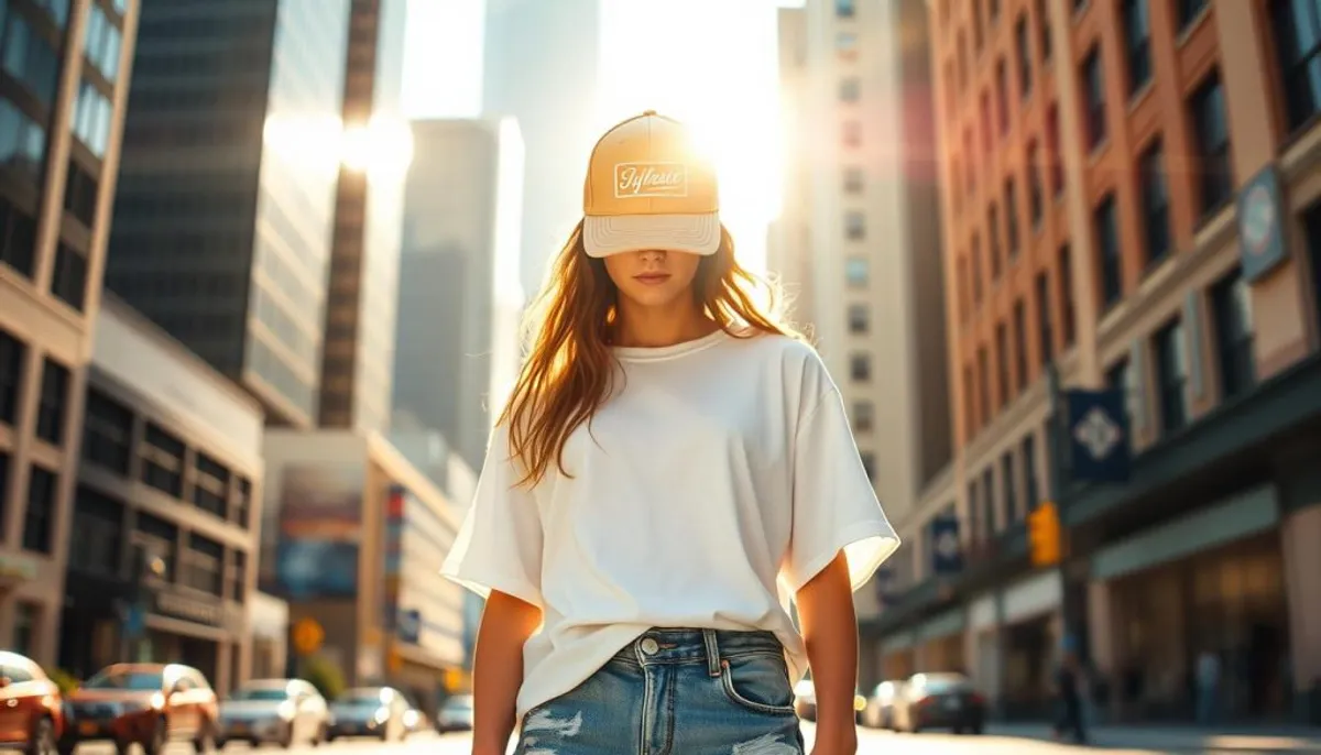 Champagne trucker hat casual street style